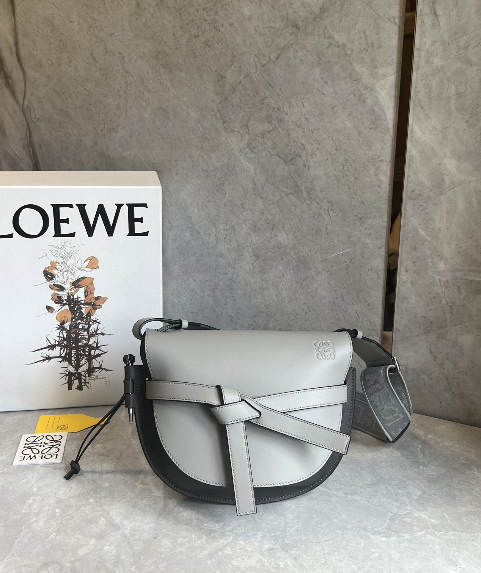 Loewe Small Gate Dual Bag in Soft Calfskin and Jacquard Grey/Black